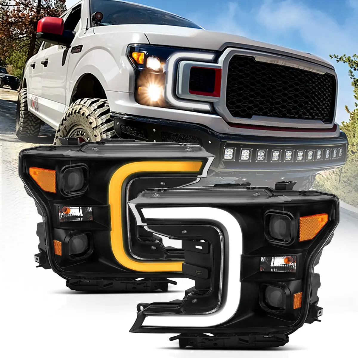 111400  -  Led Projector Headlights W/ Plank Style Switchback Black W/ Amber 1