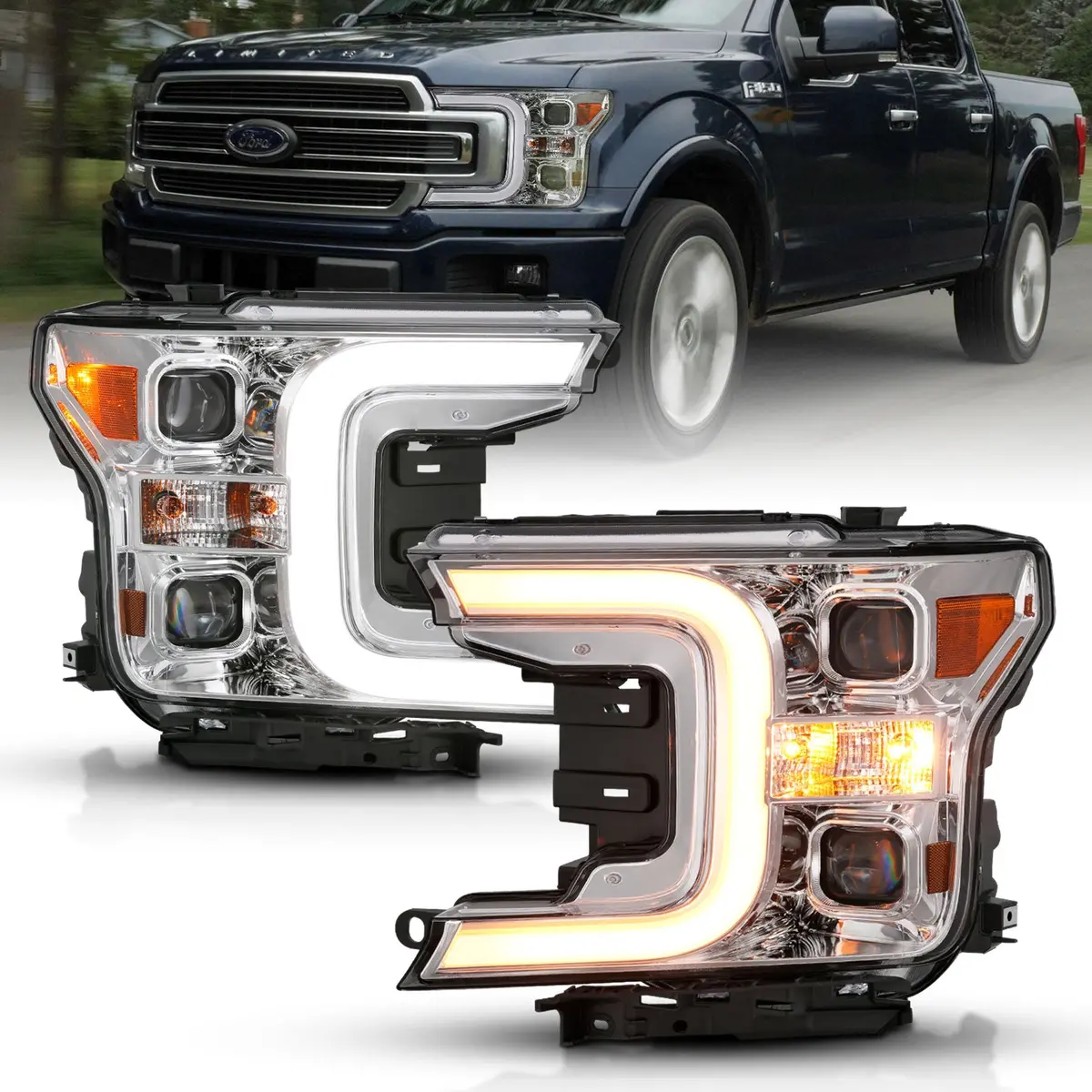 111401  -  Led Projector Headlights W/ Plank Style Switchback Chrome W/ Amber 1