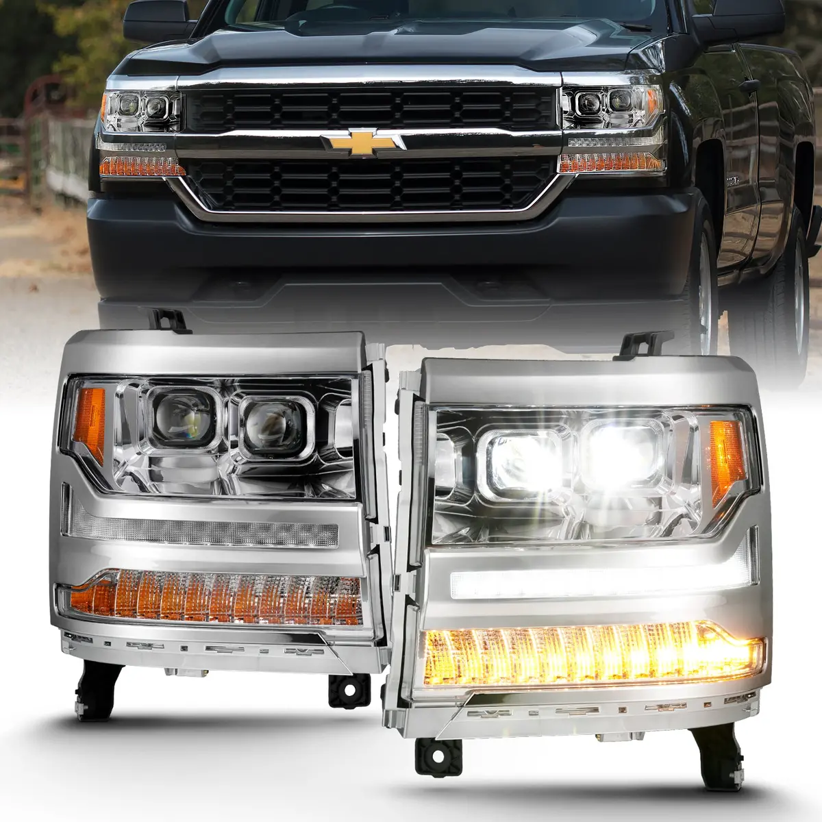 111421  -  Led Projector Headlights W/ Plank Style Chrome W/ Amber 1