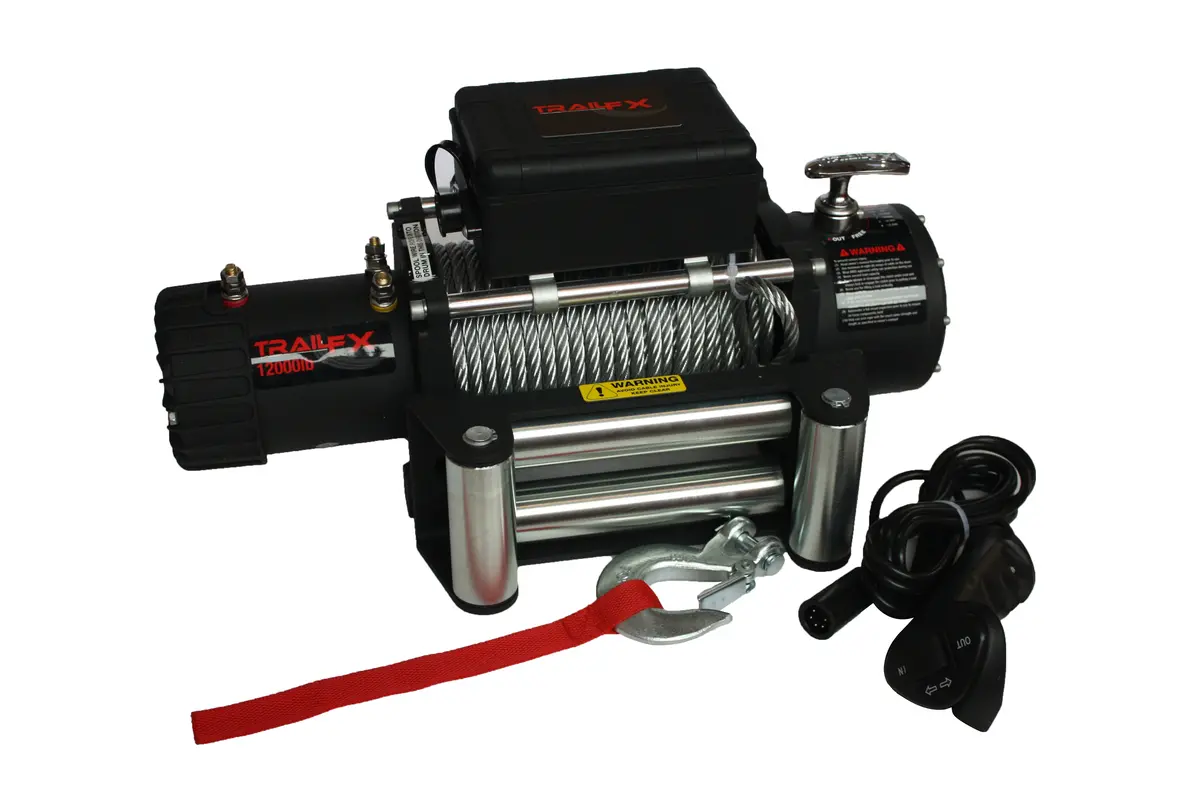 W12b  -  12V Electric 12K Lb Cap 94 Ft Wire Rope Roller Fairlead Wired Remote 1