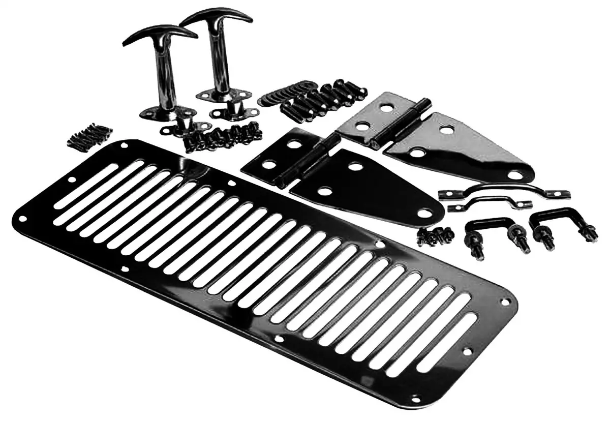 7699  -  Hood Set - Windshield Hood Stops, Hinges, Vent, Footman & Windshield Tie-Down 1