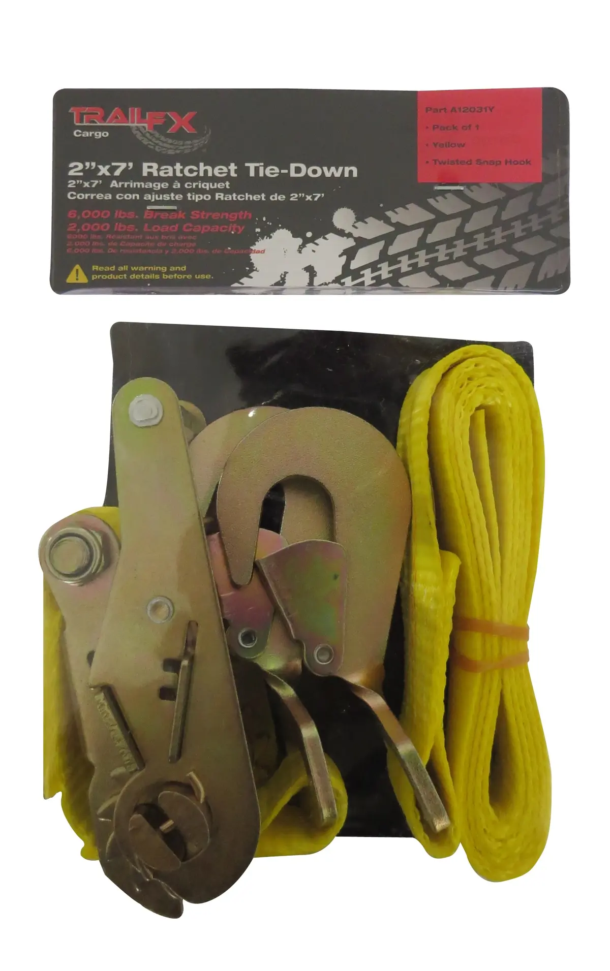 A12031y  -  Auto Tie Down 7 Ft X 2 2000 Lb Load 6000 Lb Break Cap W/Ratchet Yel Sgl 1