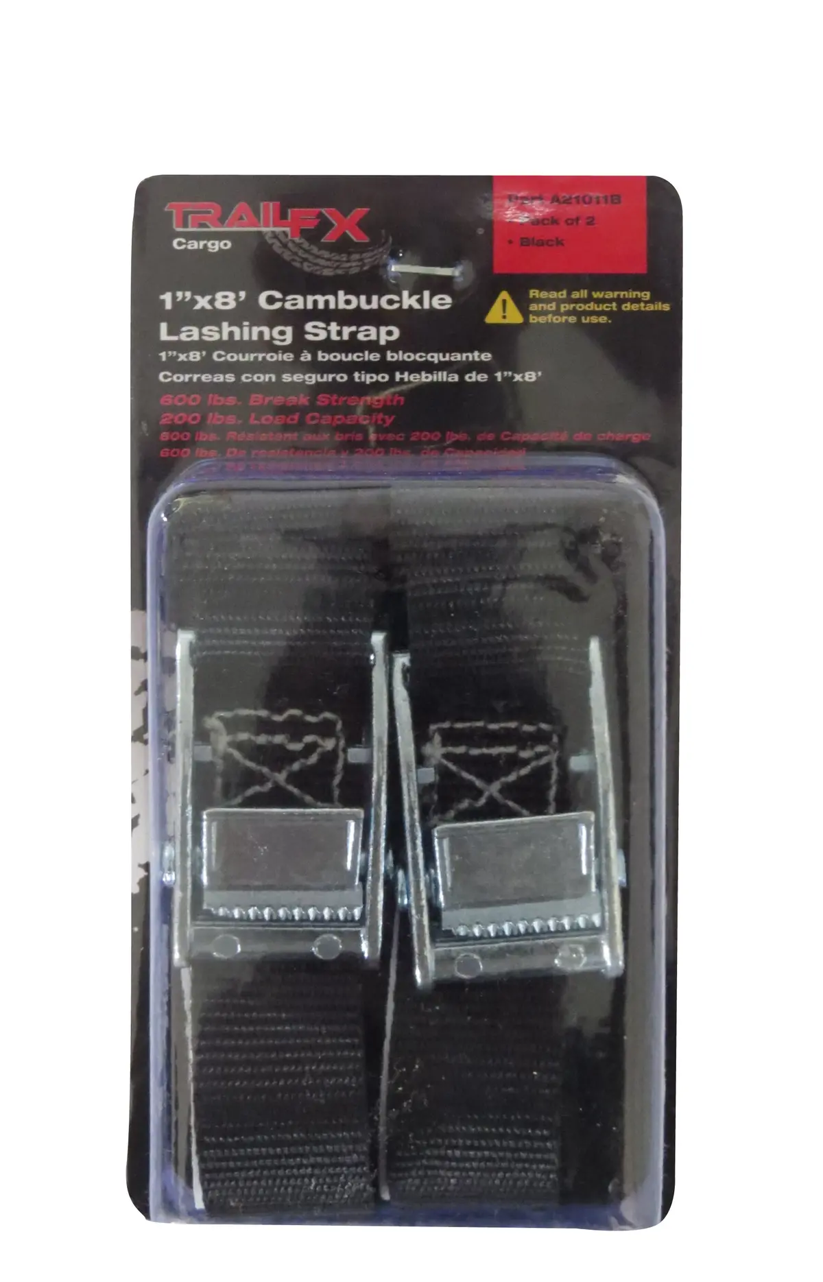 A21011b  -  Cargo Tie Down 8 Ft X 1 200 Lb Load 600 Lb Break Cap W/Cam Buckle Black Pack 2 1