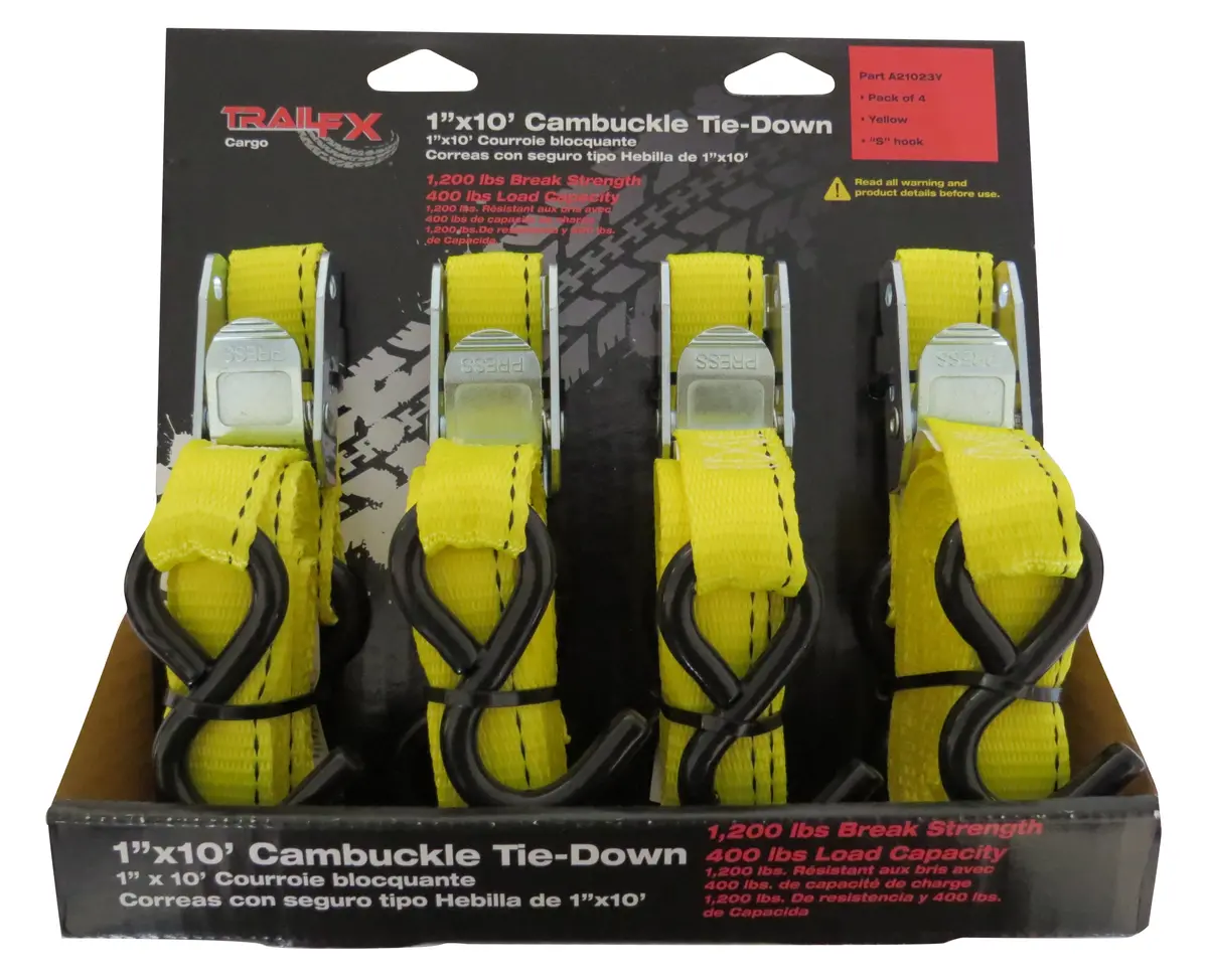 A21023y  -  Cargo Tie Down 10 Ft X 1 400 Lb Load 1200 Lb Break Cap W/Cam Buckl Yellow Pk 4 1