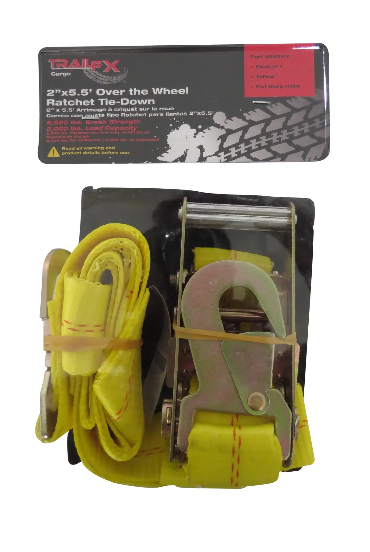 A92011y  -  Over Wheel Tie Down 5.5 Ft X 2 In 2000 Lb Cap W/Ratchet Yellow Sgl 1