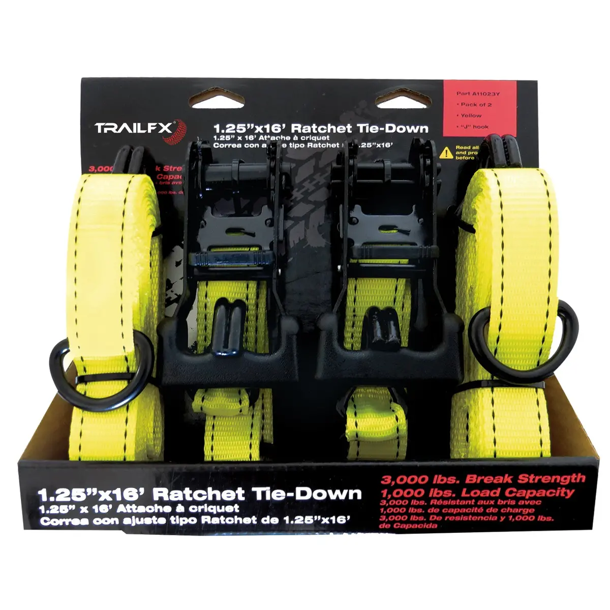 A11023y  -  Cargo Tie Down 16 Ft X 1.25 1000 Lb Load 3000 Lb Break Cap W/Ratchet Yel Pack 2 1