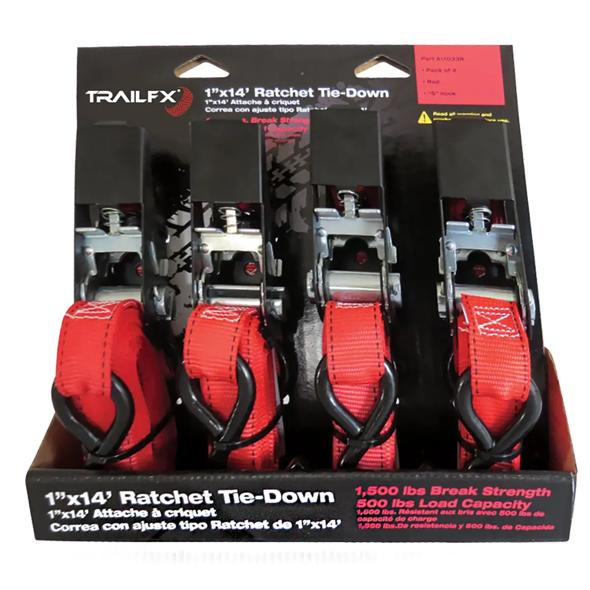 A11033r  -  Cargo Tie Down 14 Ft X 1 500 Lb Load 1500 Lb Break Cap W/Ratchet Red Pack 4 1