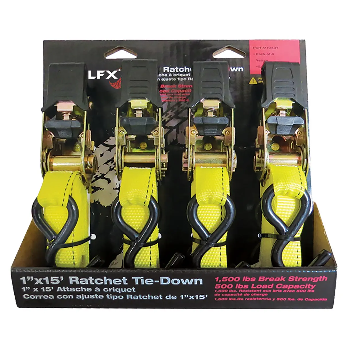 A11043y  -  Cargo Tie Down 15 Ft X 1 500 Lb Load 1500 Lb Break Cap W/Ratchet Yel Pack 4 1