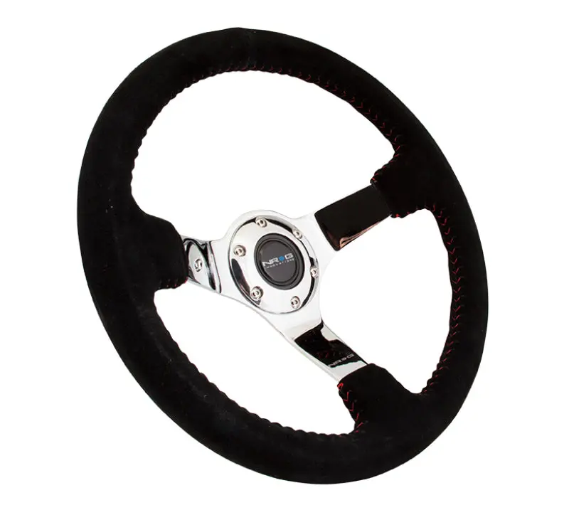 Nrg Reinforced 350Mm Steering Wheel – Black Suede With Red Basketball Stitching And Chrome 3-Spoke Design 1